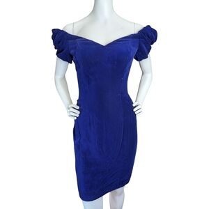Vintage Blue Velvet Off-Shoulder Party Dress – 80s Bombshell Glam